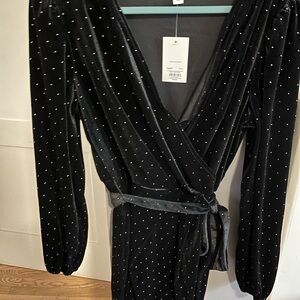 Black Velvet Wrap Dress with Rhinestones